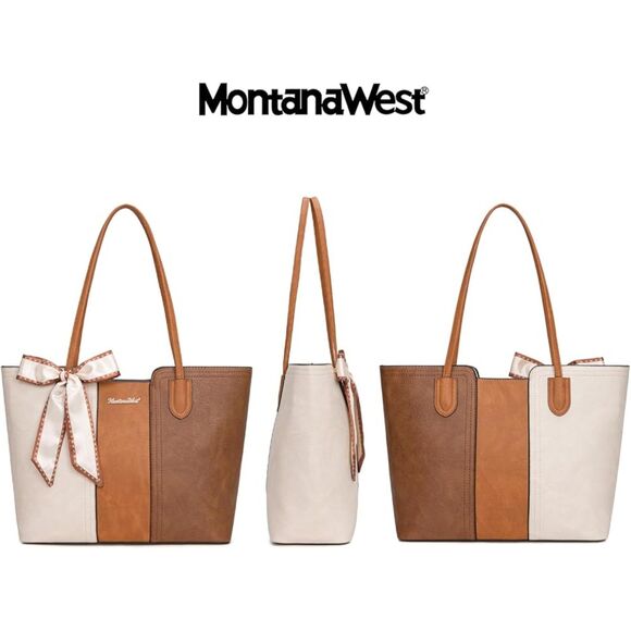Women Beige Brown Imported Vegan Leather Top Handle Polyester Lining Tote Bag - Picture 3 of 4